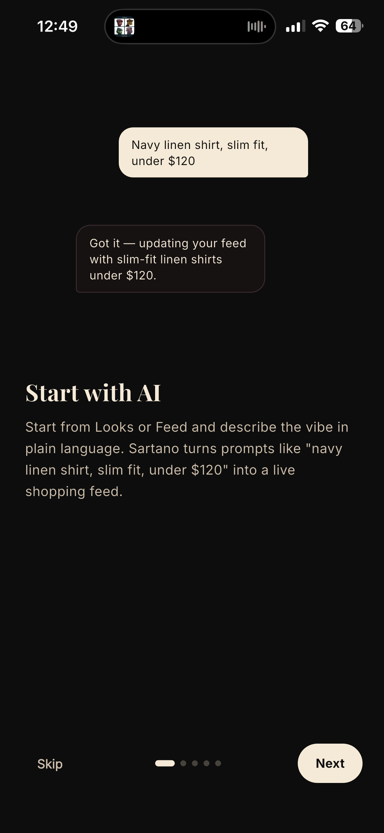 Sartano AI search — describe your look in plain language